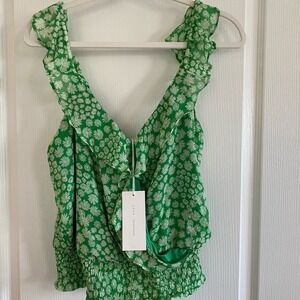 Lush Green Floral Top Cropped Blouse With White Flowers Women's L milkmaid‎ Boho